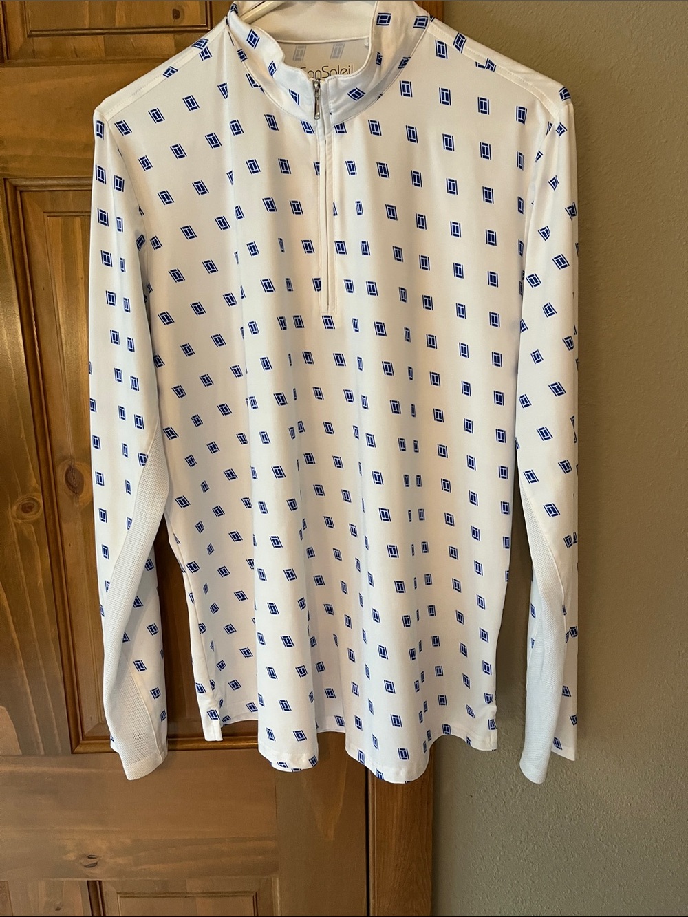 White Long-Sleeve Zip-Up Top with Blue Geo Print